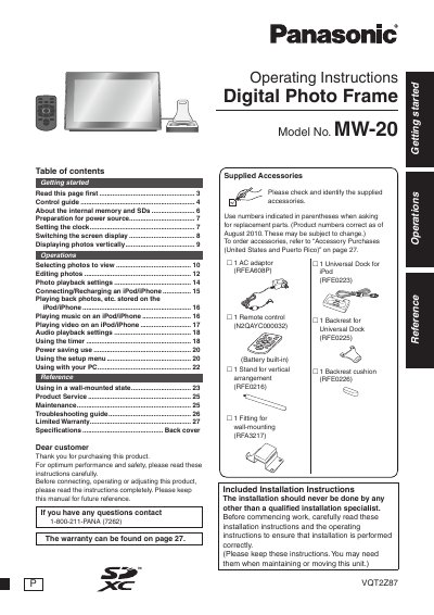 Panasonic MW-20 Digital Photo Frame Operating Instructions - cover page