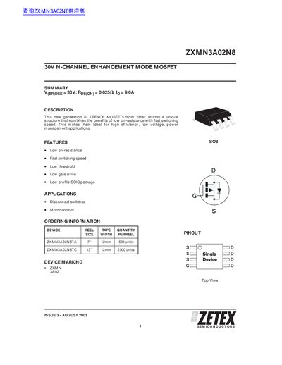 Zetex ZXMN3A02N8 30V N-Channel Enhancement Mode MOSFET Datasheet - cover page
