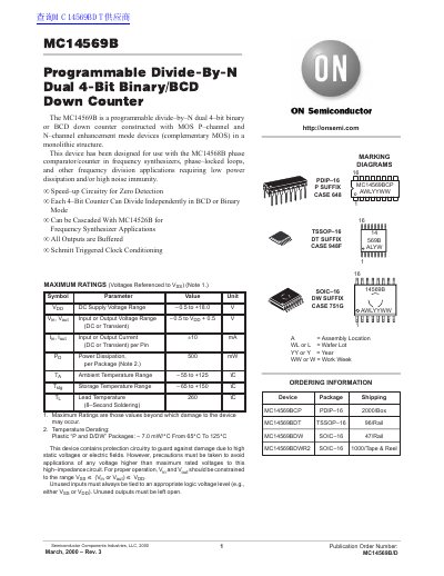 ON Semiconductor MC14569B Programmable Divide-by-N Dual 4-Bit Counter Datasheet - cover page