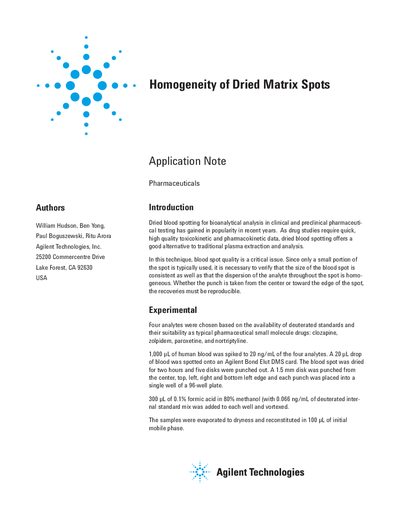 Agilent Bond Elut DMS Card Application Note: Homogeneity of Dried Matrix Spots - cover page