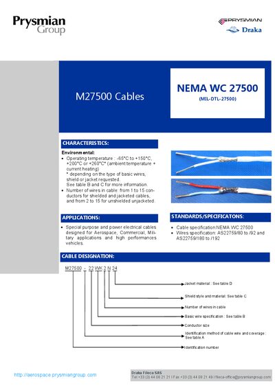 Prysmian M27500 Cable NEMA WC 27500 Product Leaflet - cover page
