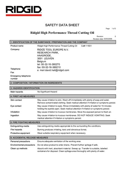 Ridgid 1193103 High Performance Thread Cutting Oil Datasheet - cover page
