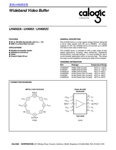 Calogic LH4002A/LH4002/LH4002C Wideband Video Buffer Datasheet - cover page