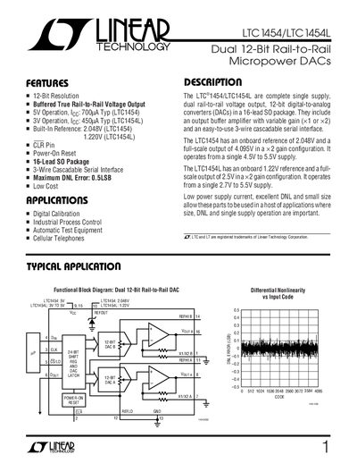 Linear Technology LTC1454/LTC1454L Dual 12‑Bit DAC Datasheet - cover page