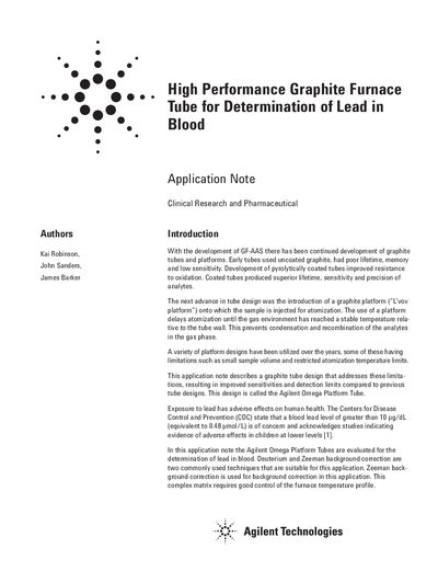 Agilent Omega Platform Tube Application Note for Lead Determination in Blood - cover page