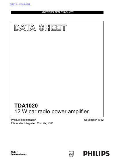 Philips TDA1020 12 W Car Radio Power Amplifier Data Sheet - cover page