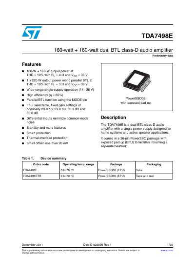 ST TDA7498E 160-watt + 160-watt dual BTL class-D audio amplifier handbook