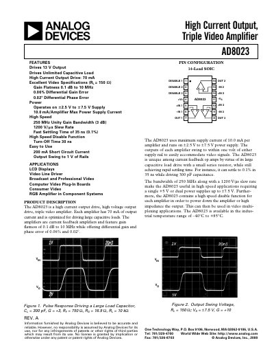 Analog Devices AD8023 Triple Video Amplifier Datasheet - cover page