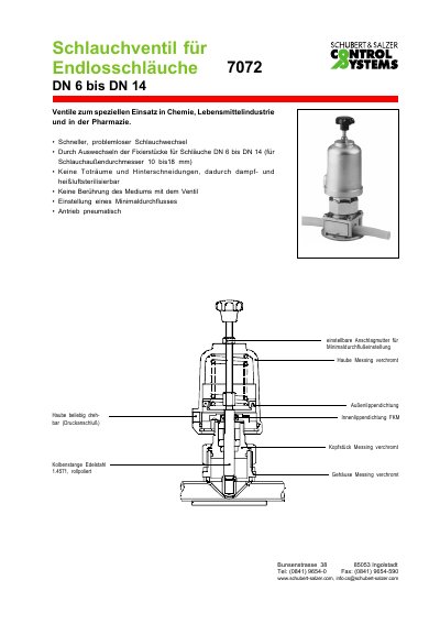 Schubert & Salzer 7072 Hose Valve Technical Data Sheet - cover page