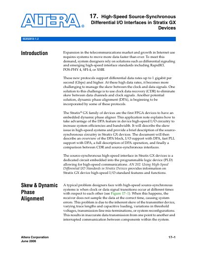 Altera Stratix GX High-Speed Source-Synchronous Differential I/O Interfaces Application Note - cover page