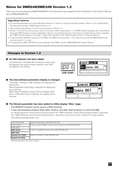 Yamaha DME64N/DME24N Firmware Version 1.2 Notes - cover page