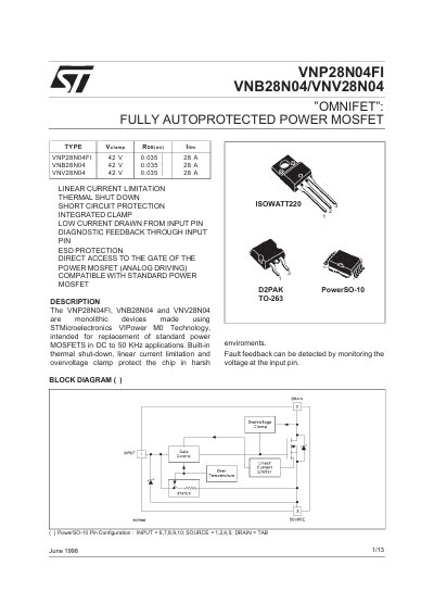 STMicroelectronics VNP28N04FI/VNB28N04/VNV28N04 Datasheet