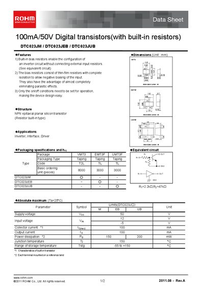 ROHM DTC023JM/DTC023JEB/DTC023JUB Digital Transistor Data Sheet - cover page