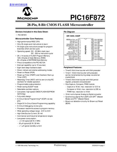 Microchip PIC16F872 28-Pin 8-Bit CMOS FLASH Microcontroller Data Sheet