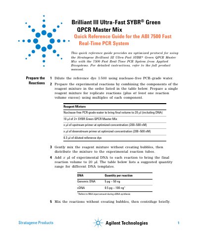Agilent Brilliant III Ultra-Fast SYBR Green QPCR Master Mix - Quick Reference Guide for the ABI 7500 Fast Real-Time PCR System Manual - cover page