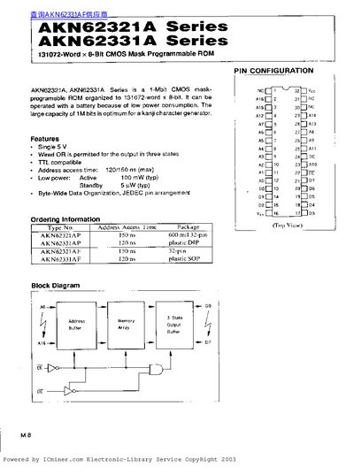 AKM AKN62321A/62331A Series 131072-Word x 8-Bit CMOS Mask Programmable ROM Datasheet - cover page