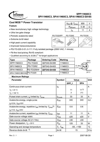 INFINEON SPP11N60C3 SPI11N60C3 SPA11N60C3 SPA11N60C3 E8185 Cool MOS Power Transistor Manual - cover page