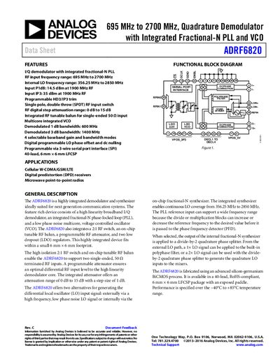 Analog Devices ADRF6820 Quadrature Demodulator Data Sheet - cover page