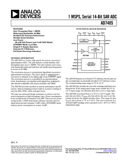 Analog Devices AD7485 14‑Bit SAR ADC Datasheet