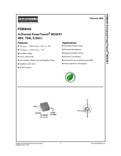 Fairchild FDB8444 N-Channel PowerTrench MOSFET Datasheet - cover page