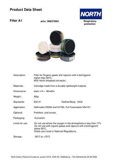 North Safety Products A1 Filter Product Data Sheet - cover page