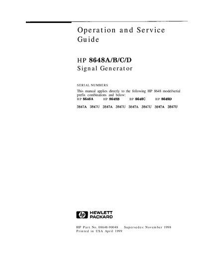 HP 8648A/B/C/D Signal Generator Operation and Service Guide - cover page