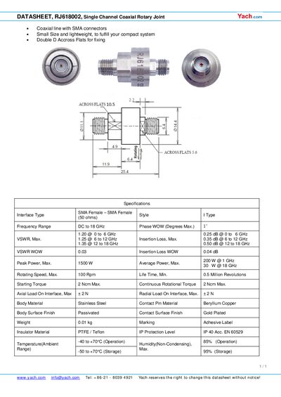 Yach RJ618002 Single Channel Coaxial Rotary Joint Datasheet - cover page