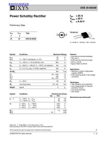 IXYS DSS 25-0025B Power Schottky Rectifier Preliminary Data - cover page