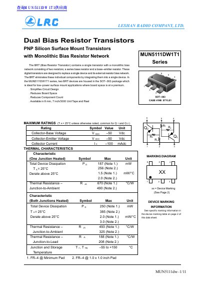 LRC MUN5111DW1T1 Series Dual Bias Resistor Transistors Datasheet - cover page