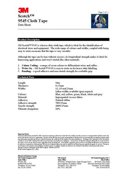 3M Scotch 9545 Cloth Tape Data Sheet - cover page