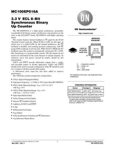 ON Semiconductor MC100EP016A DATA SHEET1 - cover page