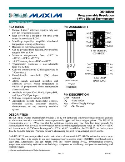MAXIM INTEGRATED PRODUCTS DS18B20 Programmable Resolution 1-Wire Digital Thermometer handbook - cover page