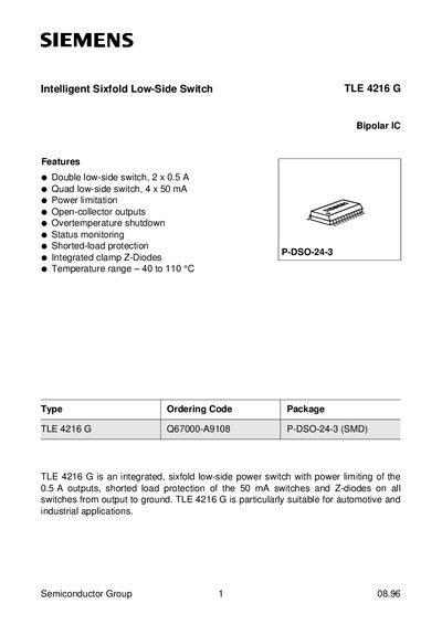 Siemens TLE4216G Intelligent Sixfold Low‑Side Switch Datasheet - cover page