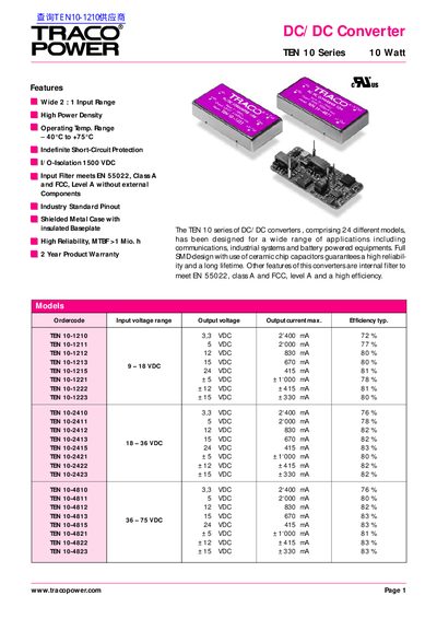 TracoPower TEN 10 Series DC/DC Converter Manual - cover page