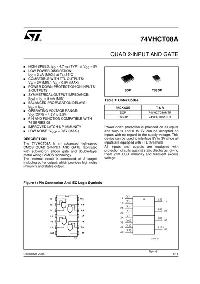 STMicroelectronics 74VHCT08A Quad 2-Input AND Gate Datasheet - cover page