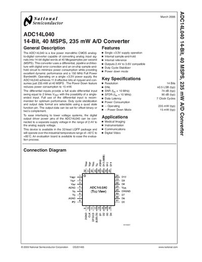 NATIONAL SEMICONDUCTOR - ADC14L040 14-Bit 40 MSPS 235 mW A/D Converter handbook - cover page