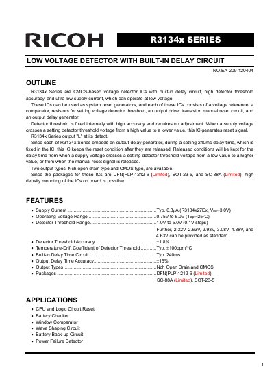 Ricoh R3134x Series Low Voltage Detector Datasheet - cover page