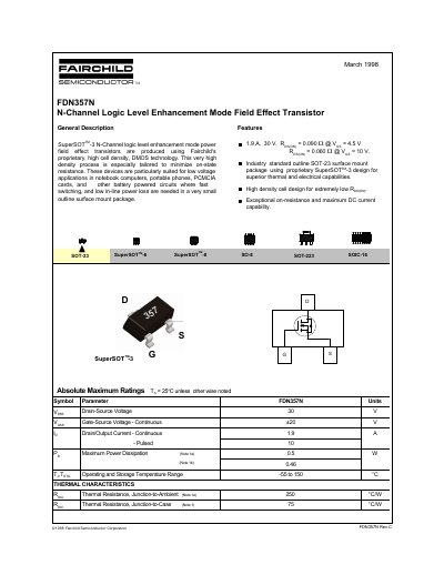 Fairchild FDN357N N-Channel Logic Level Enhancement Mode Field Effect Transistor Datasheet