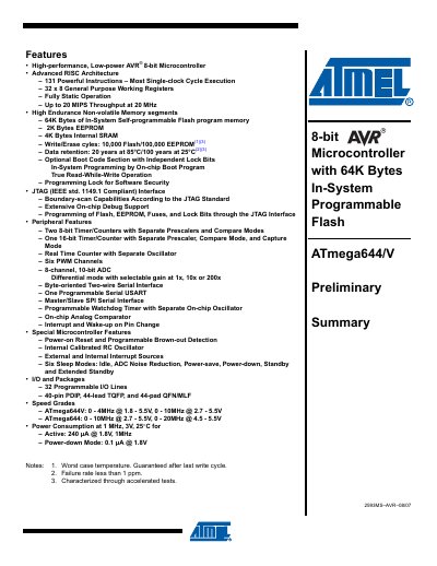 Atmel ATmega644 8-bit AVR Microcontroller 64KB Flash Datasheet - cover page