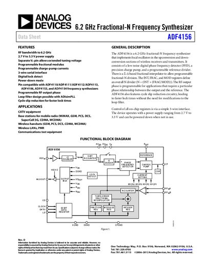 Analog Devices ADF4156 Frequency Synthesizer Datasheet - cover page