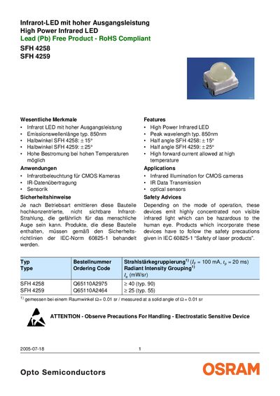OSRAM SFH 4258 / SFH 4259 Infrared LED Datasheet