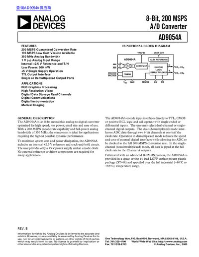 ANALOG DEVICES AD9054A 8-Bit 200 MSPS A/D Converter handbook - cover page