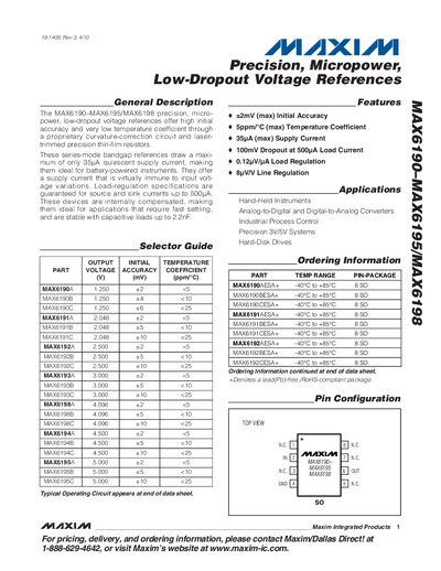 MAXIM MAX6190 MAX6195/MAX6198 Precision Micropower Low-Dropout Voltage References handbook - cover page