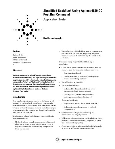 Agilent 6890 GC Simplified Backflush Application Note - cover page