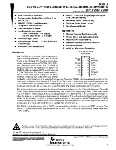 Texas Instruments TLV5614 2.7‑V to 5.5‑V 12‑Bit 3‑µs Quadruple DAC Datasheet - cover page