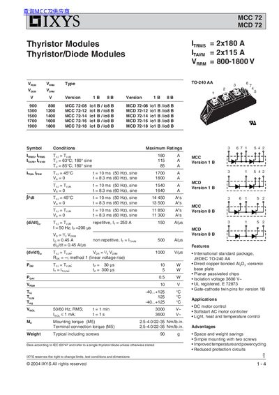 IXYS MCC72/MCD72 Thyristor Modules Datasheet - cover page