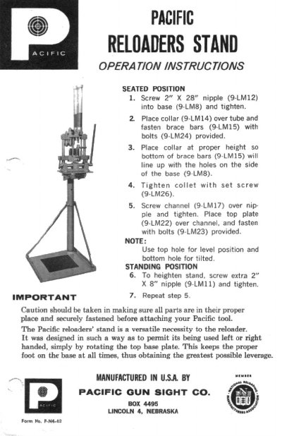 Pacific P-N4~62 Reloaders Stand Operation Instructions - cover page