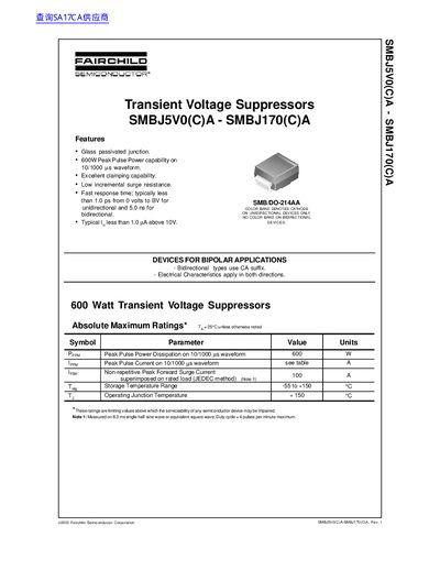 Fairchild SMBJ5V0(C)A–SMBJ170(C)A Transient Voltage Suppressor Datasheet - cover page