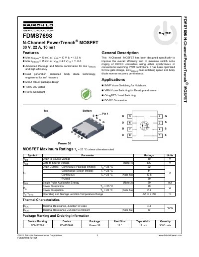 Fairchild FDMS7698 N-Channel MOSFET Datasheet - cover page