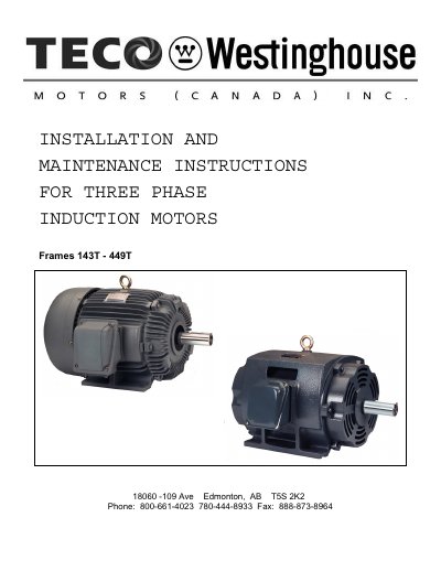 TECO-Westinghouse 143T-449T Three-Phase Induction Motor Installation and Maintenance Manual - cover page